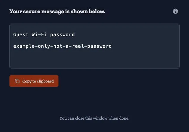 Revealed example guest Wi-Fi password with a Copy to clipboard button.