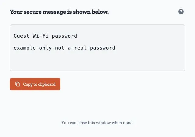 Revealed example guest Wi-Fi password with a Copy to clipboard button.